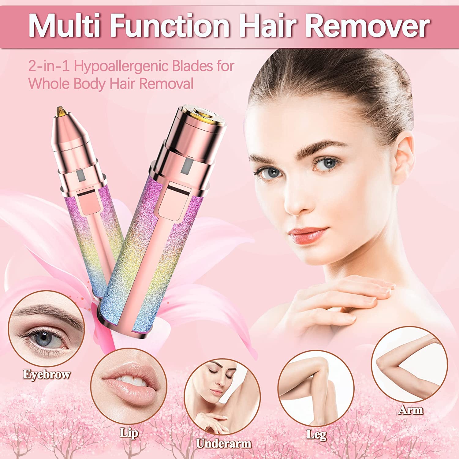 Maywiyi Eyebrow Razor,Facial Hair Removal for Women,2 in 1 Trimmer and Epilator Painless Hair Remover Rechargeable Face Shaver for Peach Fuzz , Lips, Chin, Arms with LED Light - Image 3
